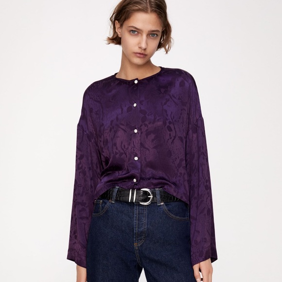 NWT Zara Purple Jacquard Cropped Blouse - Picture 1 of 10